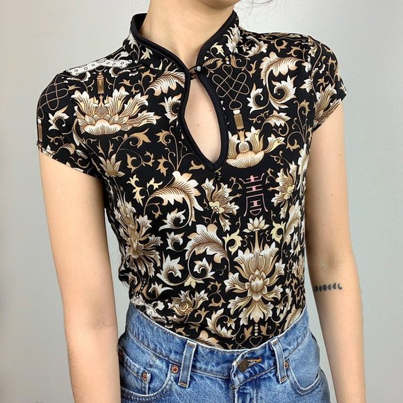 Vintage Tops - Vintage 90s Y2K Black Brown Asian Top Cheongsam